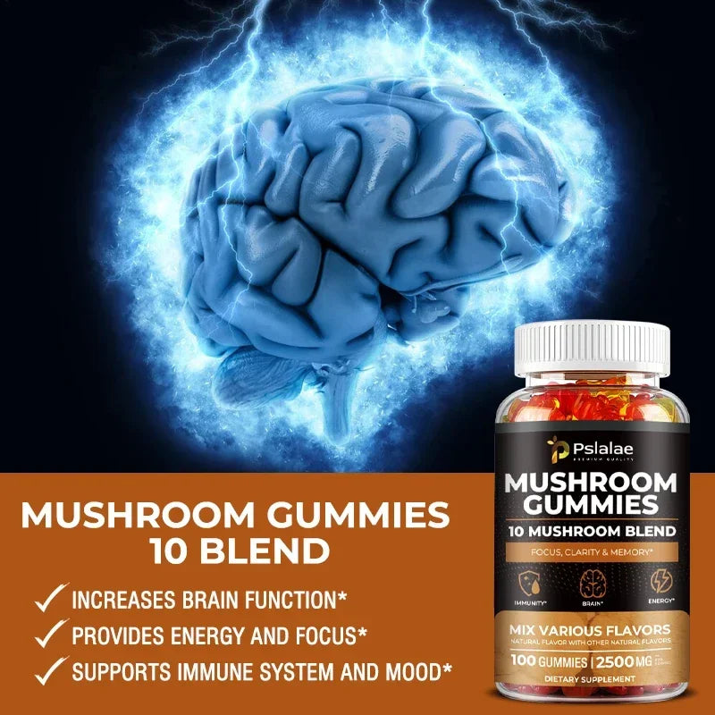 Mushroom Gummies - Supports Brain Health, Boosts Energy Production, Improves Memory, Concentration, and Boosts Immunity