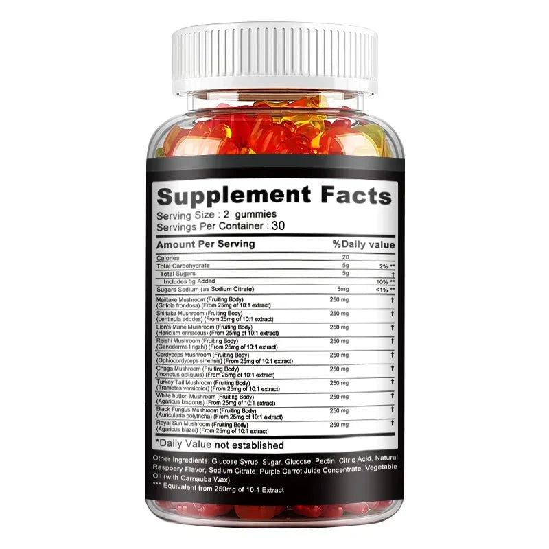 Mushroom Gummies - Supports Brain Health, Boosts Energy Production, Improves Memory, Concentration, and Boosts Immunity