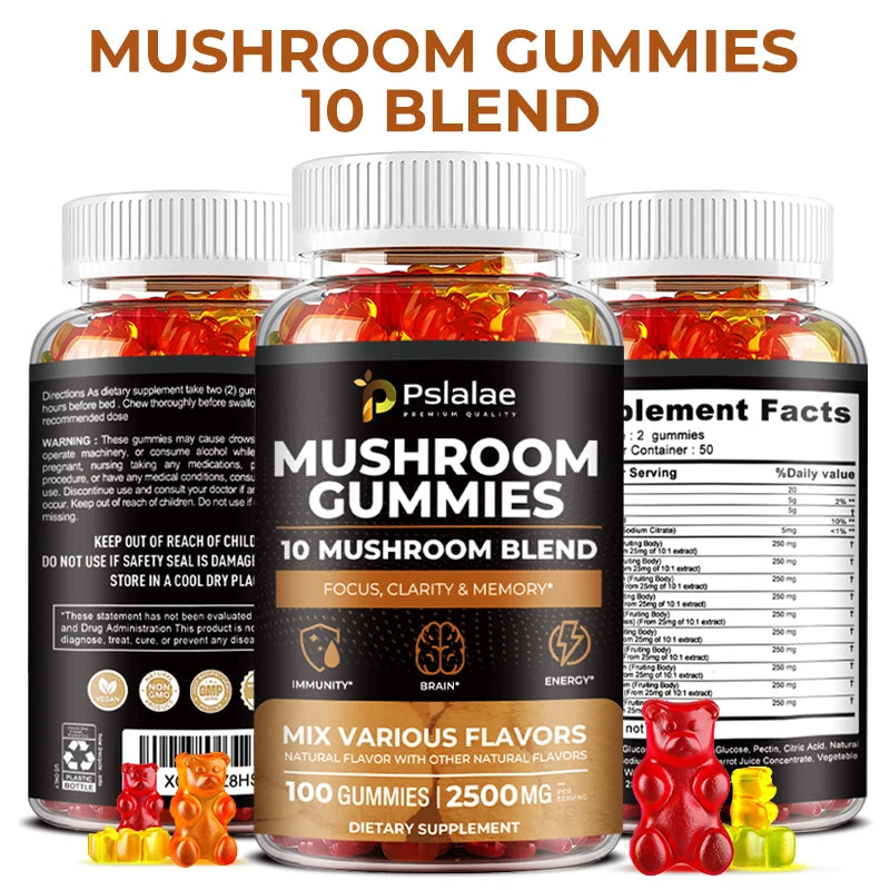 Mushroom Gummies - Supports Brain Health, Boosts Energy Production, Improves Memory, Concentration, and Boosts Immunity