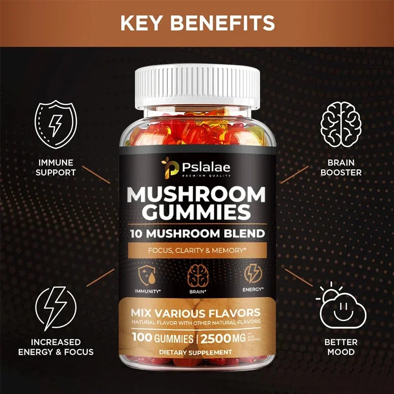 Mushroom Gummies - Supports Brain Health, Boosts Energy Production, Improves Memory, Concentration, and Boosts Immunity